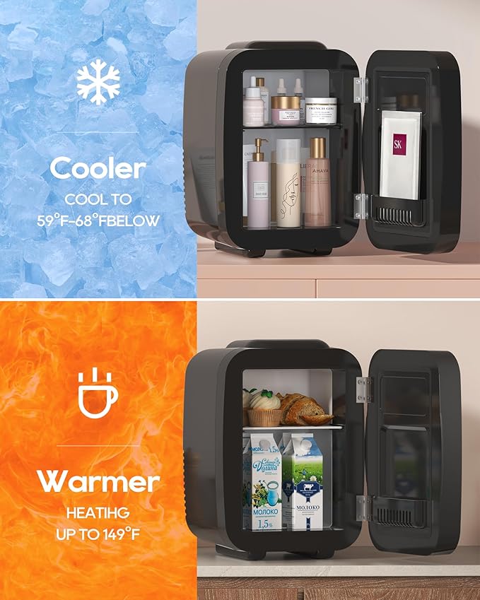 Skincare Fridge with Dimmable LED Light Mirror, 4L/6Can Mini Fridge Skincare for Bedroom,Office,Dorm,Cooler & Warmer,Portable refrigerator for SkinCare, Food and Drinks,Black