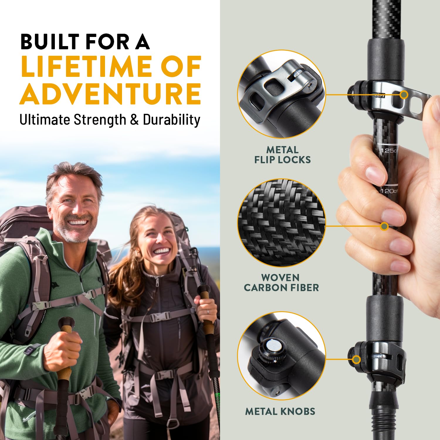 100% Carbon Fiber Trekking Poles by USA Brand - Ultra Strong Lightweight Collapsible Hiking Poles