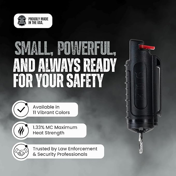 Police Magnum Keychain Pepper Spray Self Defense Belt Clip Holder - 1 Pack Tactical Maximum Strength OC with Dye - Small Case Safety Key Chain for Women & Men - Made in The USA
