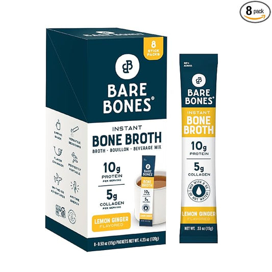 Bare Bones Bone Broth Instant Powdered Mix, Lemon Ginger, Pack of 8, 15g Sticks, 10g Protein, Keto & Paleo Friendly Bone Broth Packets