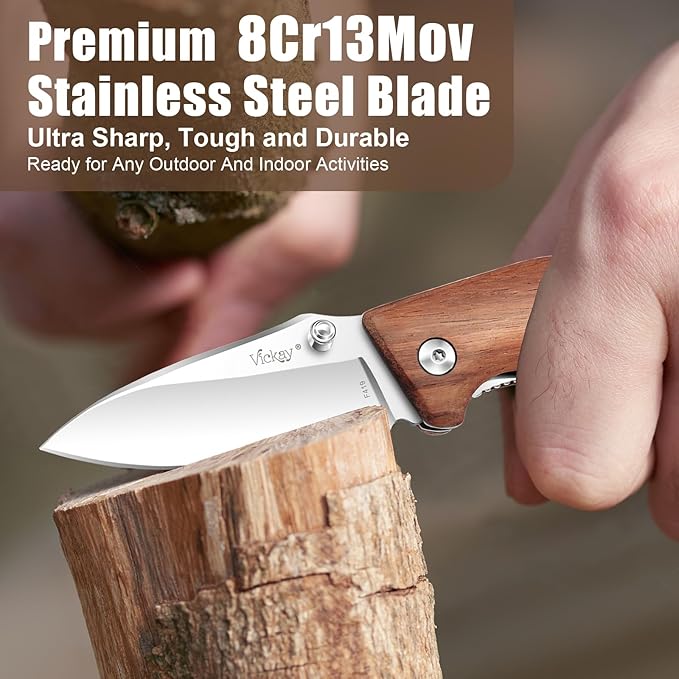 Vickay Pocket Knife, Folding Knife, 2.75" 8Cr13MoV Steel Blade, Wood Handle EDC Knife for Men & Women, Outdoor Camping, Tactical, Hunting, Hiking, Survival - Father?™s Day Gift