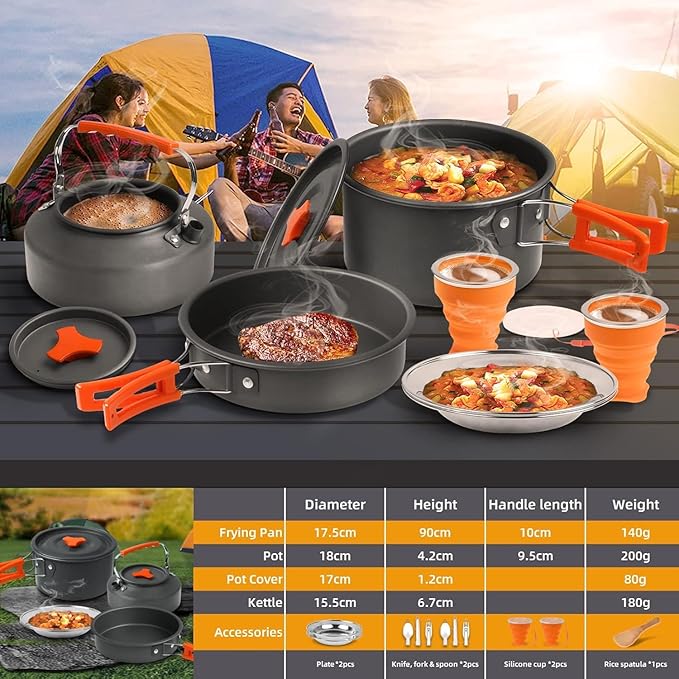 Camping Cooking Set Camping Cookware Outdoor Aluminum Mess Kit with Frying Pan, Pot with Lid, 1.2L Kettle Set and 2 Stainless Steel Plate, 2 Folding Cups and 2 Set Knives Spoons for Backpacking Picnic