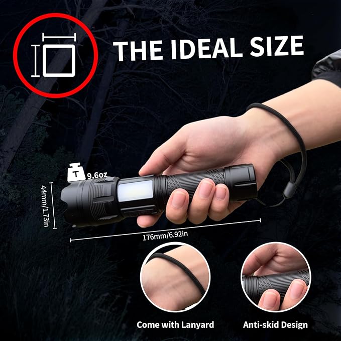 WARSUN Multi-Function Zoom Flashlight - Aluminum, Long Range Beam, USB-C Rechargeable (XF126)
