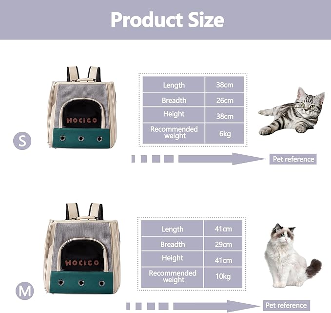 Cat Backpack, Pet Backpack with Breathable Mesh, Soft Dog Travel Bag with Pockets and Padded Straps, Airline Approved Dog Backpack(M, Green)