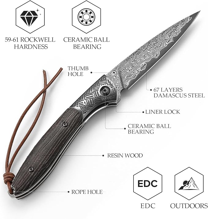3.15" Handmade Damascus Folding Pocket Knife，EDC Knives Gift for Men，Tree Texture Ebony wood Handle，Ceramic Bearings，Thumb Stud, Steel Bolster, Liner Lock.Piscis Austrinus-01E