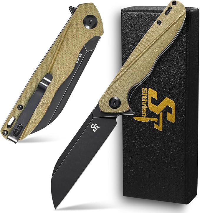 Sitivien ST103 Folding Knife, D2 Steel Blade,Micarta Handle EDC Tool Knife for Outdoor, Camping, Hunting, Survival(Green)