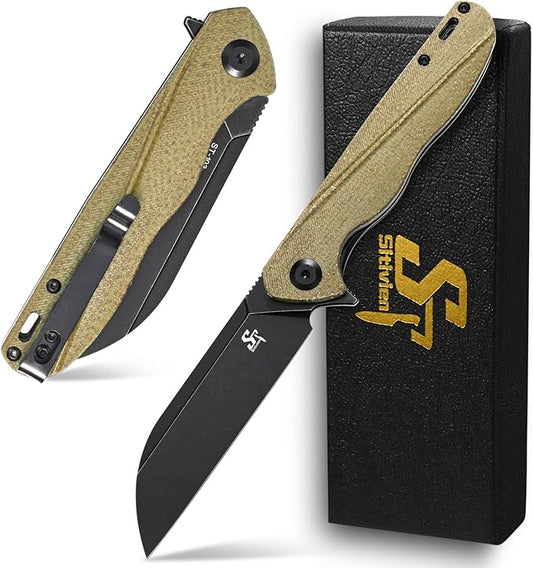 Sitivien ST103 Folding Knife, D2 Steel Blade,Micarta Handle EDC Tool Knife for Outdoor, Camping, Hunting, Survival(Green)