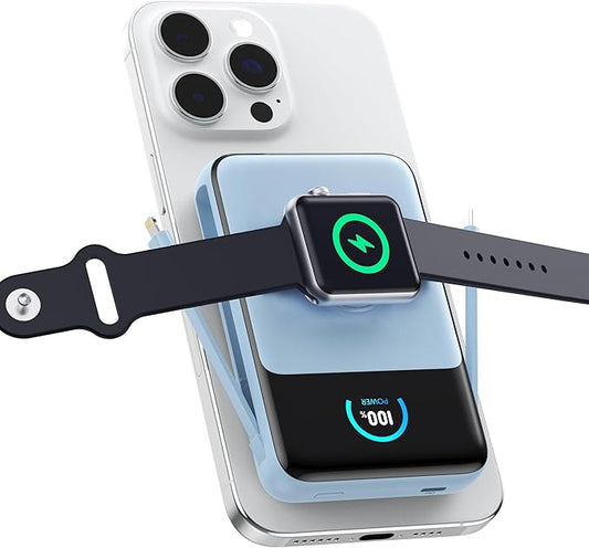 Magnetic Portable Charger 10800mAh with Built-in Cables,5-in-1 Qi2 Certified 15W Wireless Power Bank with iWatch Charger,30W PD Fast Charging USB-C Battery Pack for iPhone 17/16/15/14/13/12-Light Blue