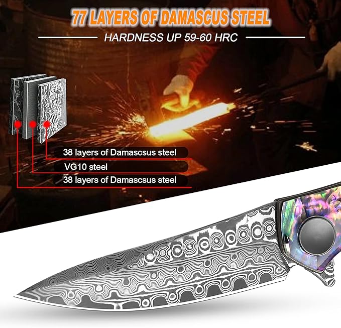 AUBEY Damascus Pocket Knife for Women Men, Sharp 3.23" Damascus Steel Blade Knife with Clip, EDC Hunting Knives with Abalone Shell Handle, Gift for Camping Outdoor