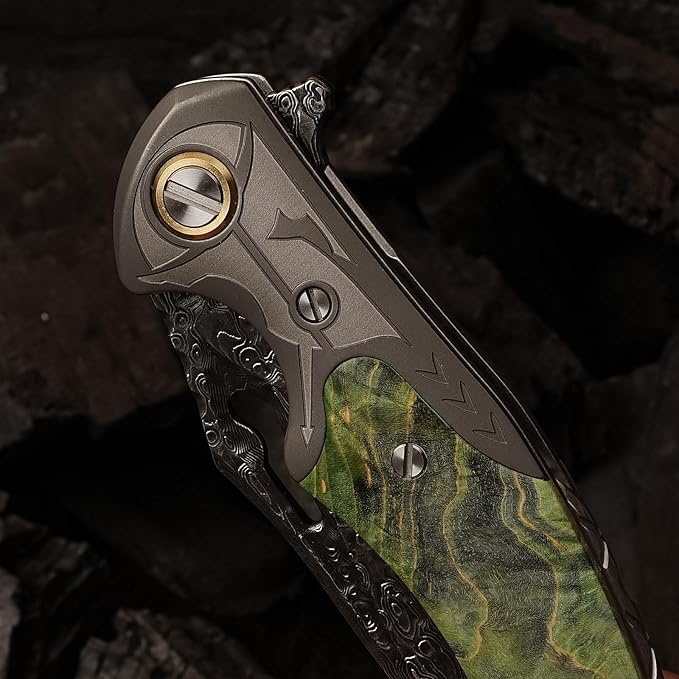 VG10 Damascus Steel Folding Knife, Stable Wood with Leather cover and pocket clip, Outdoor Survival Knife Portable EDC Camping, can be used as a gift
