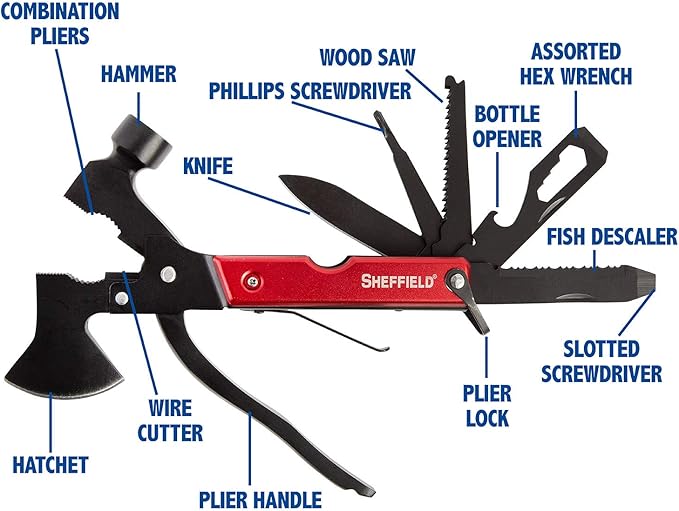 Sheffield 12138 14-in-1 Hatchet Multitool, Camping Hatchet Comes With 1680D Polyester Hatchet Sheath, Alloy Steel Camping Hammer Multitool, Great Hiking Gifts