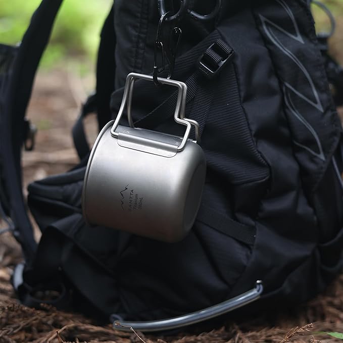 SANTTA Camp Cup MUG with Lid & Pouch, 18.6 oz Ultra Light Titanium Cup with Foldable Handle Camping Mug 550mL