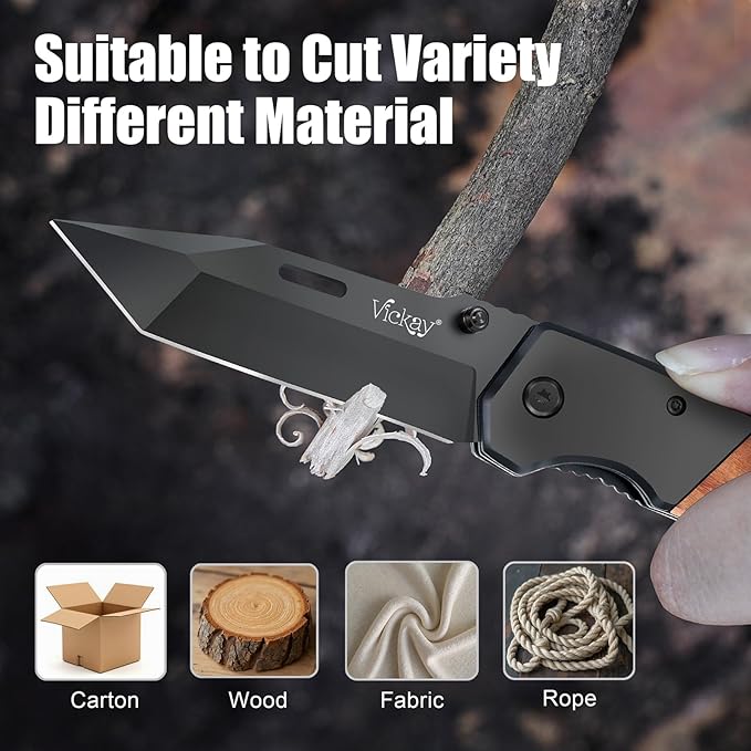 Vickay Pocket Knife, Folding Knife with Clip - 3.54??Steel Blade, Wood Handle EDC Knife for Men & Women, Outdoor Camping, Hunting, Hiking, Fishing - Father?™s Day Gift (Black)