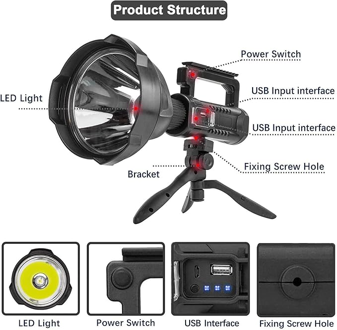 Rechargeable Spotlight Flashlight High Lumens, 3000 Lumens Super Bright Led Searchlight with Tripod and USB Output, IPX5 Waterproof 4 Modes Handheld Spotlight for Camping Hiking