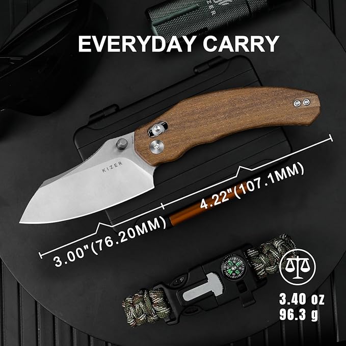 Kizer Bulldog Pocket Knife, 3 In Nitro V Blade Folding Knife Mkuruti Wood Handle Camping Hunting Knife with Reversible Clip, Clutch Lock Small EDC Knives for Men Women V3672A2