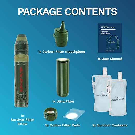 Survivor Filter Squeeze Kit - Collapsible Bottle & Filter Straw - Viral, Parasite, Bacterial Filter