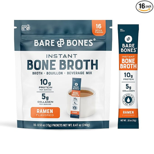 Bare Bones Bone Broth Instant Powdered Beverage Mix, Ramen, Pack of 16, 15g Sticks, 10g Protein, Keto & Paleo Friendly, Non-GMO, Gluten-Free, Dairy-Free