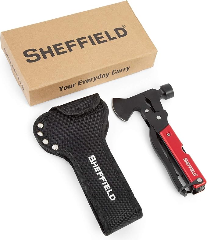 Sheffield 12138 14-in-1 Hatchet Multitool, Camping Hatchet Comes With 1680D Polyester Hatchet Sheath, Alloy Steel Camping Hammer Multitool, Great Hiking Gifts