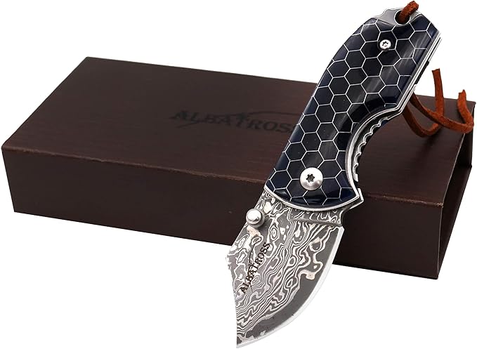 ALBATROSS Mini EDC Folding Pocket Knife - 1.75" Damascus Steel Blade, Blue Resin Handle with Aluminum Honeycomb Pattern, Tactical Camping Knife with Gift Box - HGDK022
