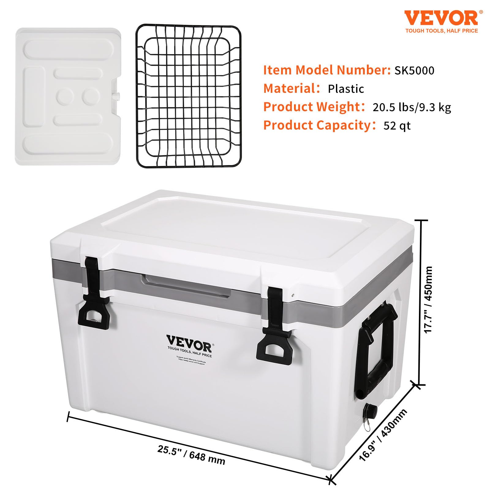 VEVOR Ultra-Light Hard Cooler 52 QT, Ice Retention Cooler with Heavy Duty Handle, Ice Chest Lunch