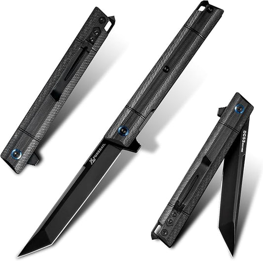 Flipper Pocket Folding Knife,DC53 Steel Blade and G10 Handle. With pocket clip and glass breaker,men's pocket knife hiking trip EDC tool Knife (Black PVD Blade)