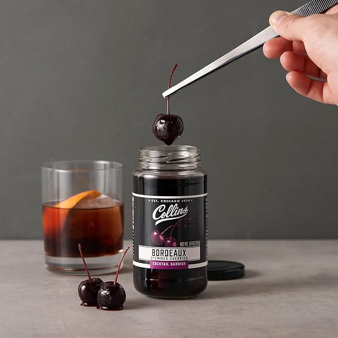 Collins Stemmed Black Cherries for Cocktails, Old Fashioned, Manhattan, and Whiskey Sour, Cocktail Cherry in Bordeaux Syrup, Garnish for Mocktails, Party Drinks, Baking, Desserts, 10 oz