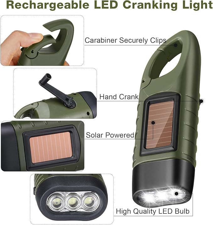 Mudder 4 Pack Hand Crank Solar Powered Flashlight Emergency Rechargeable Led Flashlight Survival Gear Self Powered Charging Torch for Hiking Backpack Camping Safety Emergency Pack (Green, Black)