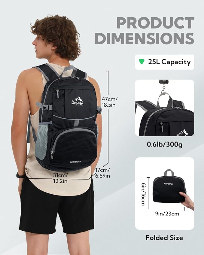 WATERFLY Packable Hiking Daypack Backpack: 25L Ultra Lightweight Foldable Waterproof Outdoor Travel Day Pack for Women Men