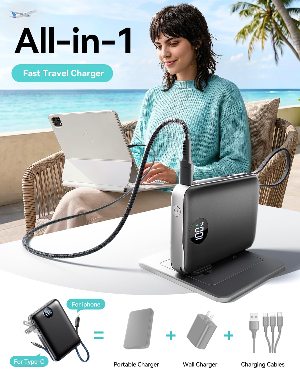 Portable Charger Power Bank 10000mAh, 45% Smaller Built-in Cables & AC Plug