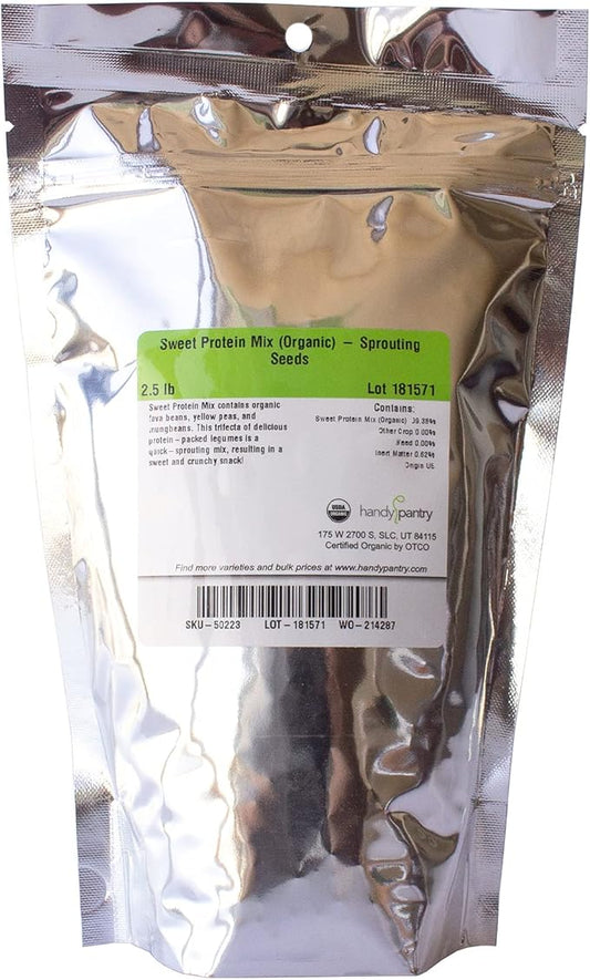 Organic Sprouting Seeds - Handy Pantry Sweet Protein Mix 2.5 lb, Fava Bean, Mung Bean, & Yellow Pea Seeds - High Protein Food for Daily Health or Food Storage - Easy and Delicious Sprout Seed