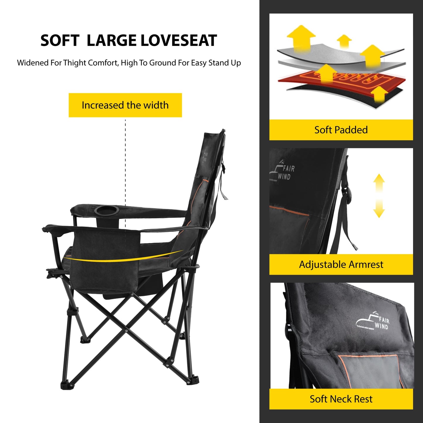 FAIR WIND Oversized Padded Camping Chair with Footrest Stool Set Heavy Duty Support 300 LBS Cooler