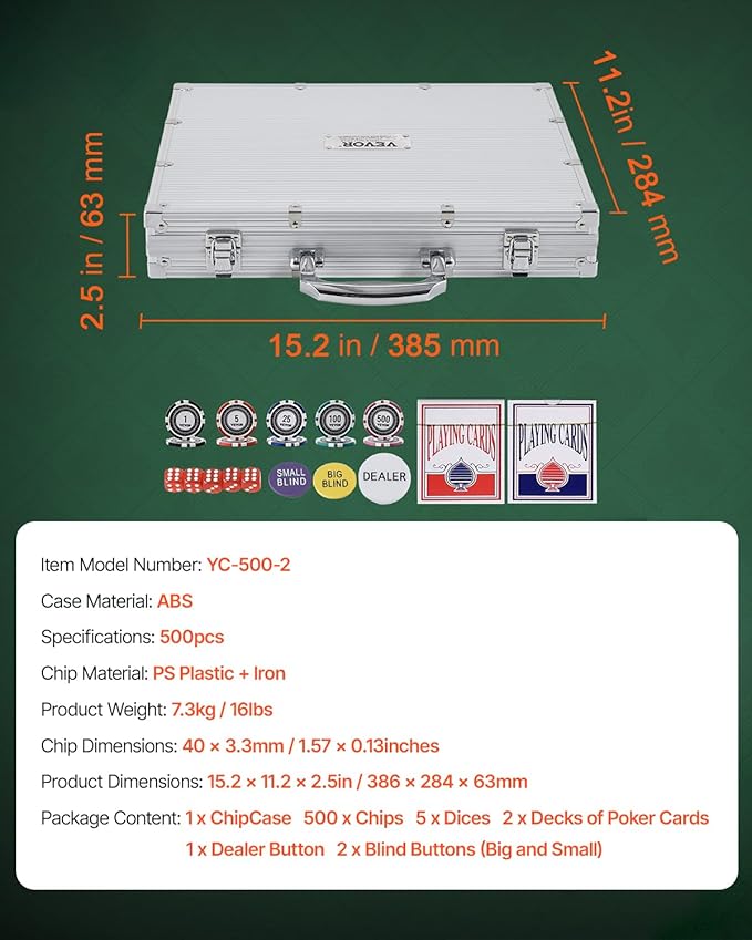 VEVOR Poker Set, 500-Piece Complete Poker Playing Game Set for Texas Hold'em, Blackjack, Gambling, Poker Chip Set with Aluminum Carrying Case, 11.5 Gram Casino Chips, Cards, Buttons and Dices