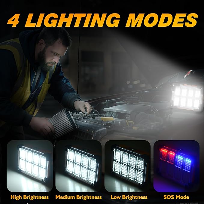 120W Solar Rechargeable Work Light, 144 LED 10000LM Led Work Light with 4 Modes, Portable Flood Light with Stand, IP66 Waterproof Outdoor Working Light for Emergency Mechanic Camping Repair (Yellow)