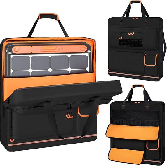 Solar Panel Storage Bag with Orange Lining, Deepened Opening, Zipper with Pull and Multi-Accessory Space Solar Panel Travel Carrying Case Fit for Jackery SolarSaga 100W 100X 200W, Black
