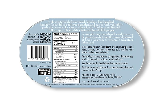 COLE’S - Smoked Rainbow Trout Fillet with Vegetables | Ready to Eat Meal | 5.6 oz Hand-Packed Canned Fish | 18g Protein | High in Vitamin D | 24 pack