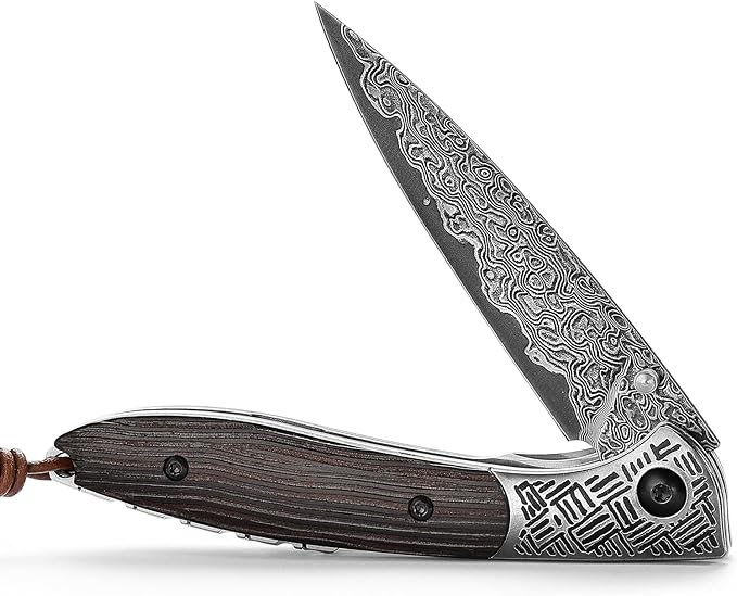 3.15" Handmade Damascus Folding Pocket Knife，EDC Knives Gift for Men，Tree Texture Ebony wood Handle，Ceramic Bearings，Thumb Stud, Steel Bolster, Liner Lock.Piscis Austrinus-01E