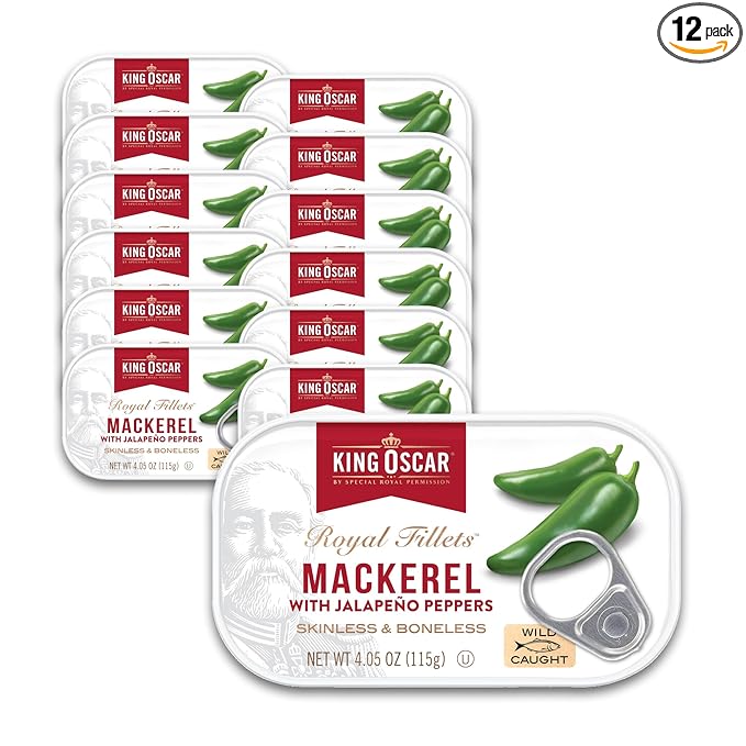 King Oscar Mackerel in Olive Oil with Jalapeño Peppers, 4.05 Ounce Cans (Pack of 12, Packaging May Vary), Skinless & Boneless, Wild Caught Canned Mackerel