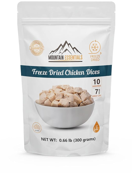 MOUNTAIN ESSENTIALS Freeze-Dried Diced Chicken ??Fully Cooked and Ready to Eat | Everyday Pantry Staple for Meal Prep, Camping & Emergency Survival | Premium Quality Meat | 10 Servings per Pouch | Made in USA | 7-Year Shelf Life | Pack of 1