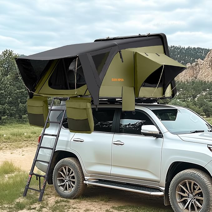 Sanhima Rooftop Tent Hard Shell - Jervis Overland Aluminium ABS Roof Top Tent w/Stargaze Window & LED Strip Light for Car SUV Truck Camping, 2-3 People