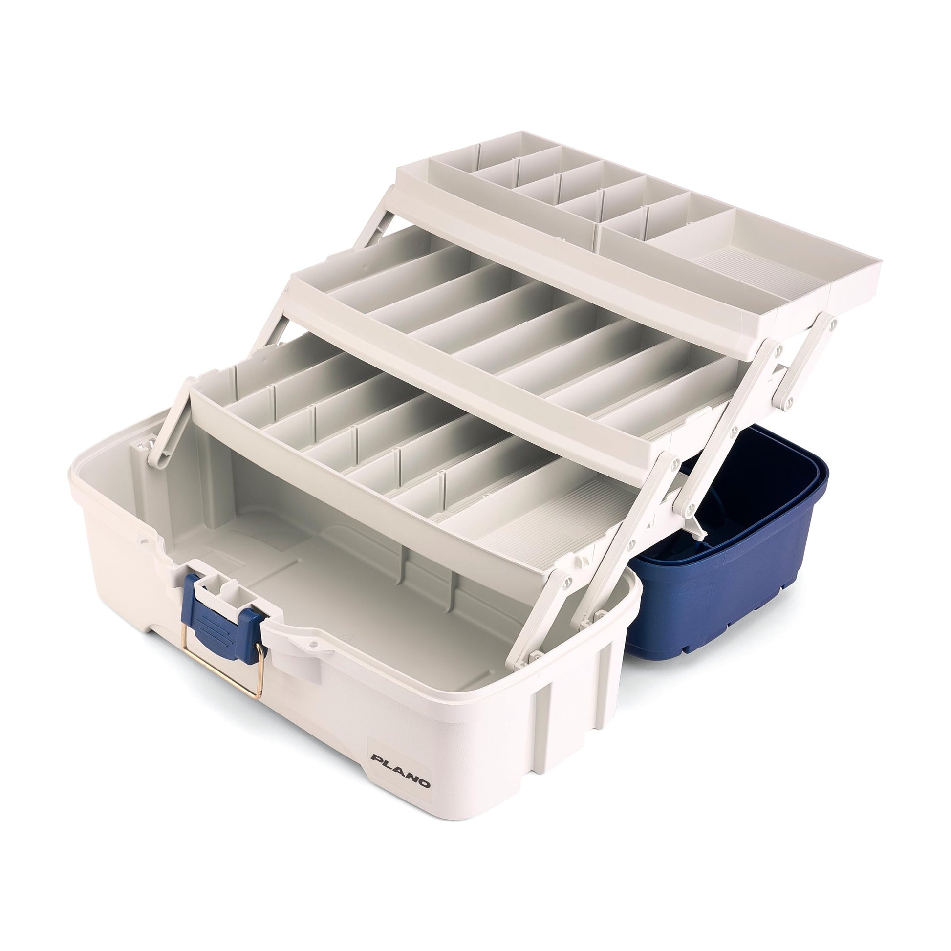 Plano Three-Tray Tackle Box, Blue/White, Rust-Proof Brass Latch, Top-Access Tray with Deep Storage