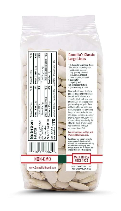 Camellia Brand Dried Large Lima Beans ??Premium White Butter Beans for Southern Cooking, Soups, Stews & Casseroles ??Non-GMO, Gluten-Free, Vegan, Vegetarian, High Protein, High Fiber, 1 Pound (Pack of 6)