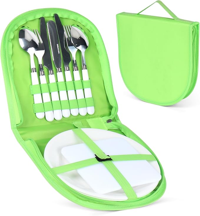 Camping Silverware Set with Case Utensil Camping Picnic Cutlery Kit Camping Mess Kit- 11 Pcs Mess Kit for 2 White Plate Spoon and Serrated Knife Fork