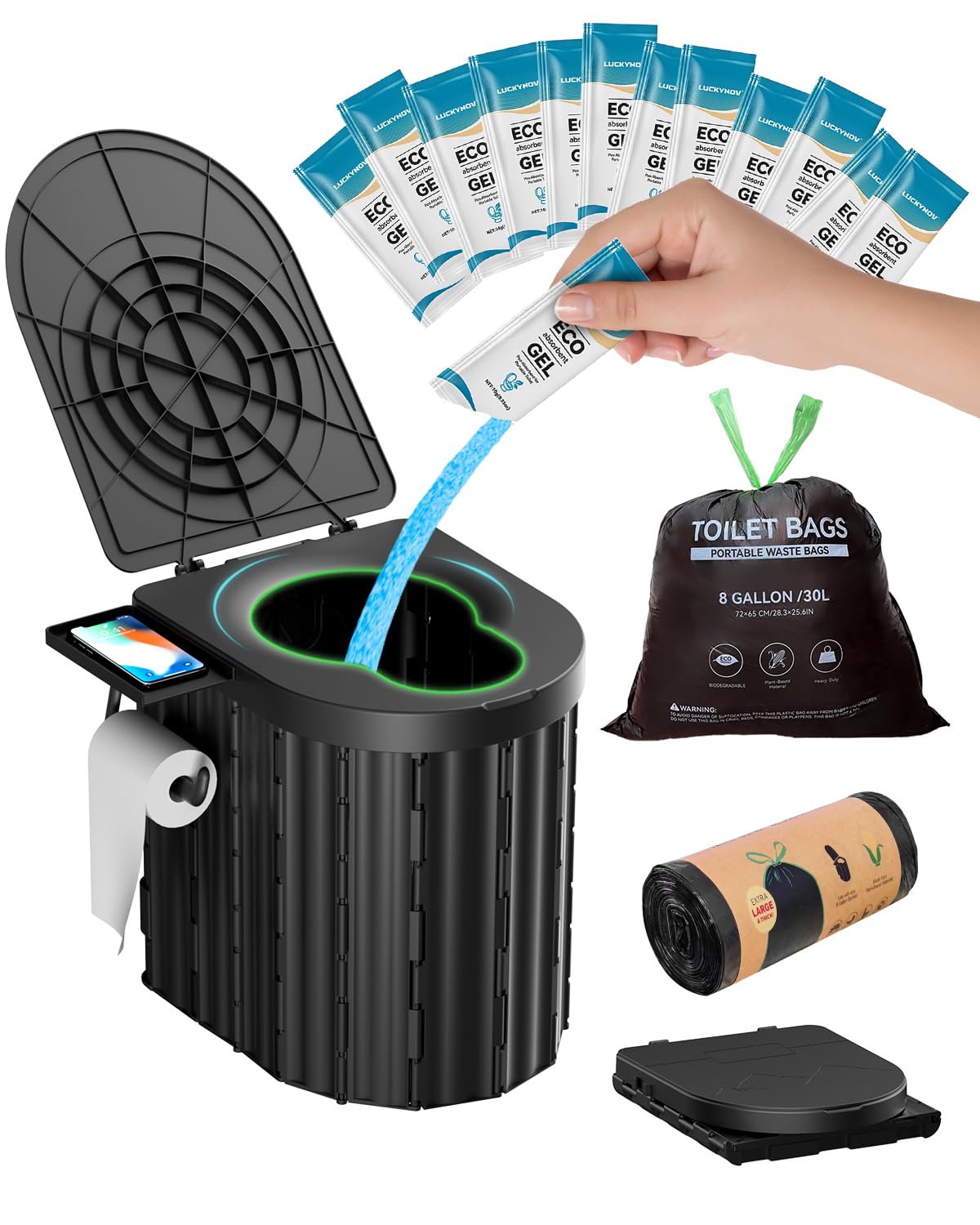 Portable Toilet with Urine Gel & Leak-Proof Bags – Odorless Camping Toilet for Adults & Kids