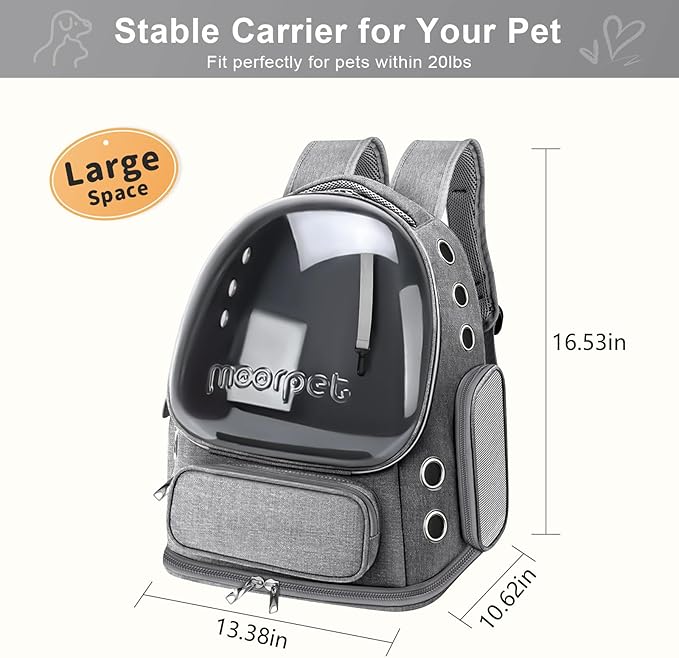 Cat Backpack Carrier, Breathable Cat Bubble Backpack Large Space Cat Carrier Backpack for Kitty Small Dog, Foldable Airline Approved Cats Backpack, Transparent Pet Travel Backpack Up to 20 lbs (Grey)