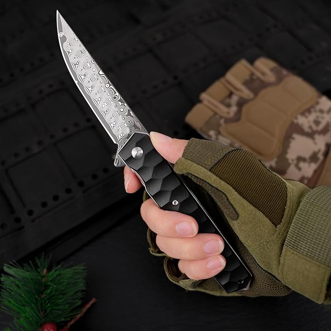 AUBEY Damascus Pocket Knife with Clip, Tanto Blade Damascus Steel Folding Knives for Men Tactical, Aluminum Handle with Glass Breaker for EDC Camping
