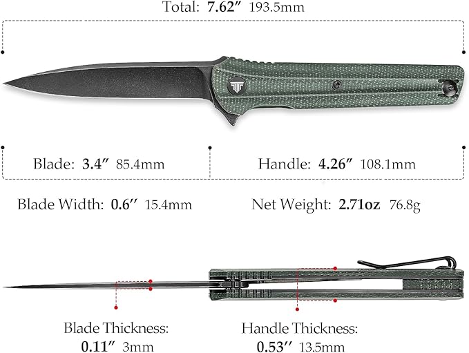 EDC Pocket Knife for Men,Folding Knives with Reversible Clip,Liner Lock 3.4'' Black 14C28N Steel Blade,Green Micarta Handle,Seagull-G