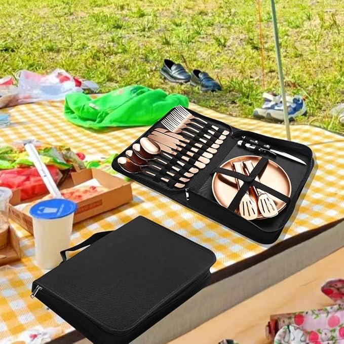 Picnic Tableware Set Camping Flatware Copper/Rose Gold Silverware and Plates Kit for 4 Portable Utensils Stainless Steel Dishes Spoons Forks Knives Bottle Opener Food Tongs