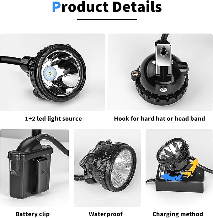 Rechargeable Mining Headlamp, 1+2 LED Super Bright Cap Lamp, Waterproof & Explosion-Proof Safety Miner Light, Hard Hat Head Torch for Coal Mining, Hunting, Fishing, Camping, Hiking, Outdoor Work