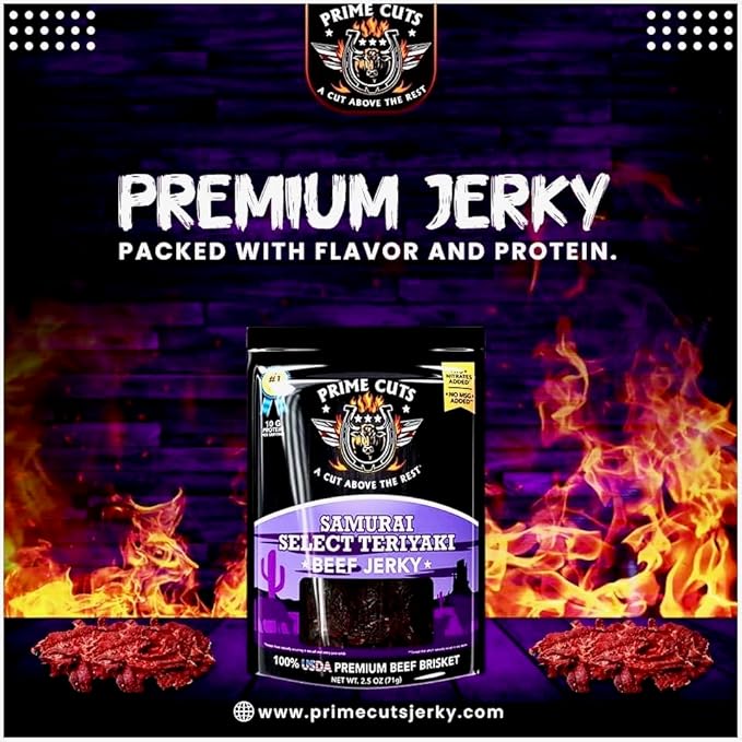 Prime Cuts Samurai Select Teriyaki Beef Jerky | USDA Prime Brisket | East-Meets-West Flavor Fusion | High-Protein, Low-Fat Snack | Savory-Sweet Teriyaki Taste