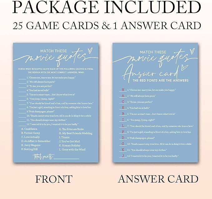 Bridal Shower Games Cards, Match These Movie Quotes, 25 Game Cards with 1 Answer Card, Engagement Party Wedding Games for Guests, Minimalist Blue Wedding Party Supplies - B09
